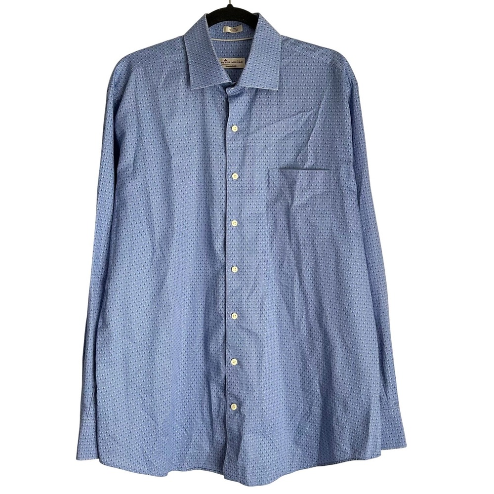 Peter Millar Mountainside Mens Large Blue Micro Print Button Down Shirt Antler‎